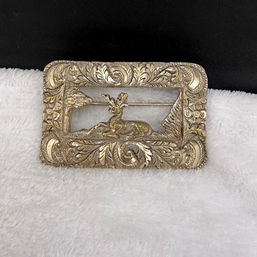 Vintage‎ Estate Brooch Silver Tone Nature Scene Deer Repousse Scroll Rectangle